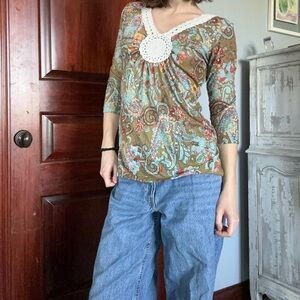 Cha Cha Vente Floral Paisley Top with Crochet Accent